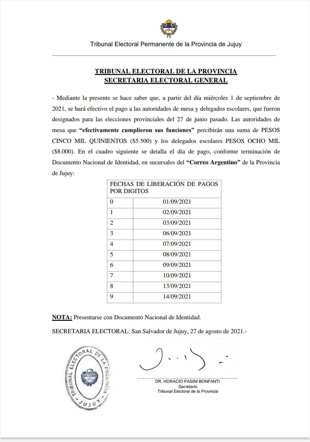 ANUNCIARON EL CRONOGRAMA DE PAGO PARA AUTORIDADES DE MESA