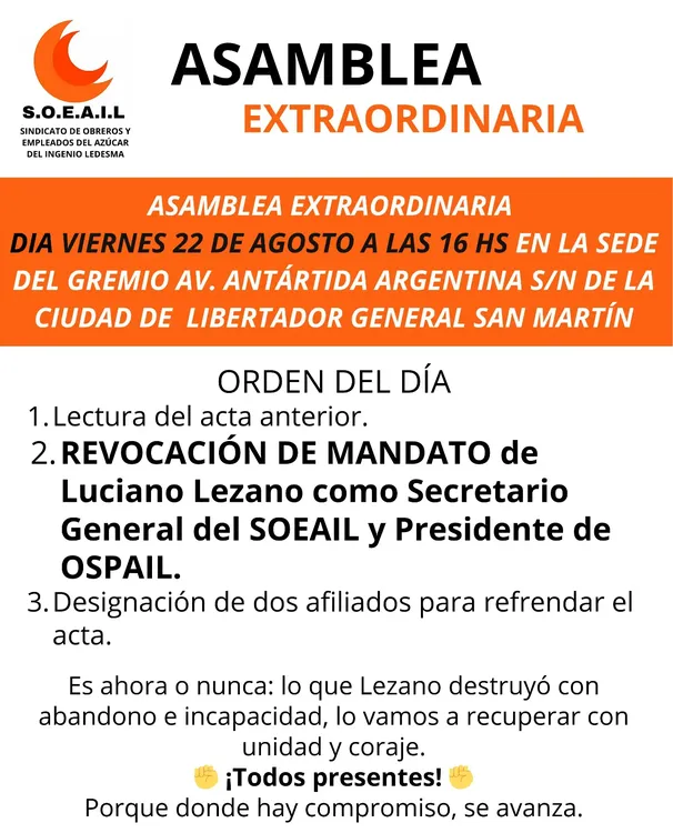 CONVOCATORIA ASAMBLEA SINDICATO AZUCAR LEDESMA